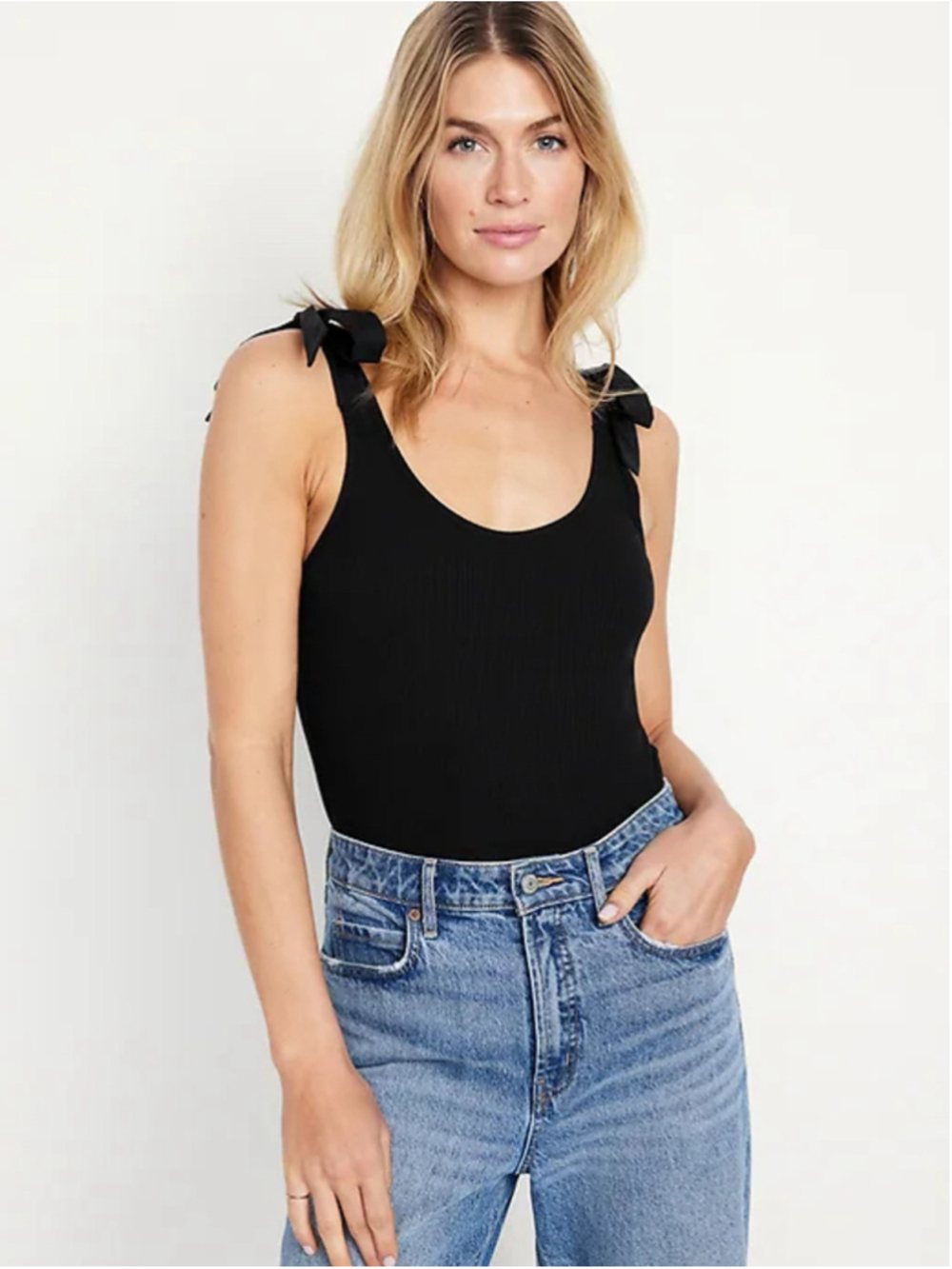 Old Navy Black Ribbed Tie-Shoulder Bodysuit Size Large Tall Minimalist Casual